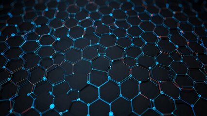 Naklejka premium Abstract background featuring a hexagonal blockchain network, with interlocking nodes and connections, Abstract Hexagonal Blockchain Network Background. 