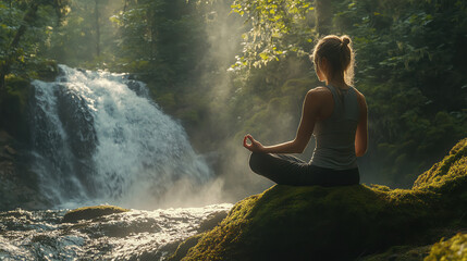 Woman meditating on a mossy rock by a waterfall, serene forest setting, soft morning light