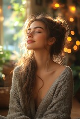 Obraz premium Young girl meditating in a cozy room, warm ambient light, calm and focused expression