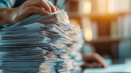 Fototapeta premium A person is seen organizing a significant stack of paper files, highlighting a scene of administrative work, office tasks, and the dedication required for proper documentation.