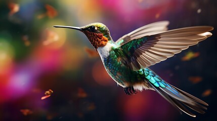 Fototapeta premium An artful portrayal of a hummingbird in the act of feeding, displaying the graceful movement and vivid colors, rendered in high-definition