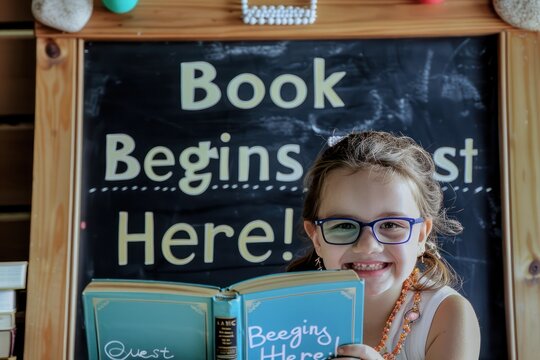 Young reader with an excited expression, glasses on, in front of a chalkboard with Book Quest Begins Here!