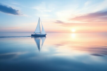 Luxury yacht sailing smoothly across a calm ocean, with white sails billowing in the wind, with copy space