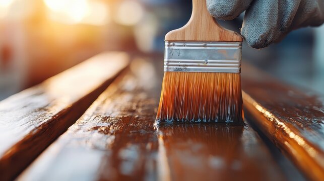 This image captures a close-up of a hand holding a paintbrush, applying varnish onto wooden boards. The image highlights the meticulous process of wood finishing for protection and aesthetics.