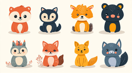 Cute cartoonish animals in a playful vector design, vibrant colors, simple shapes, perfect for childrens illustrations and stickers, charming and fun