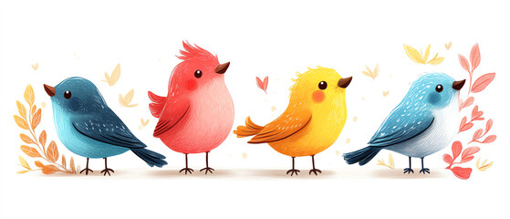 Naklejka premium Simple cartoonish design of whimsical birds, colorful and cheerful, with cute expressions, perfect for kids products and decorations