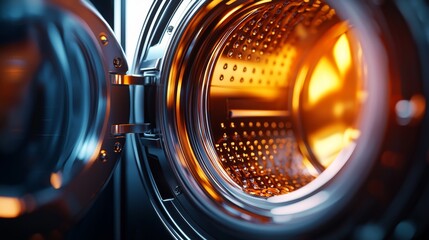 Stainless steel washing machine interior, detailed drum design, 3D illustration