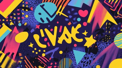 A dynamic display of bold typography combined with abstract shapes and patterns creates an energetic retro aesthetic