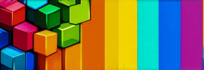 Obraz premium The banner is an abstract background with colorful cubes and stripes. free space for text