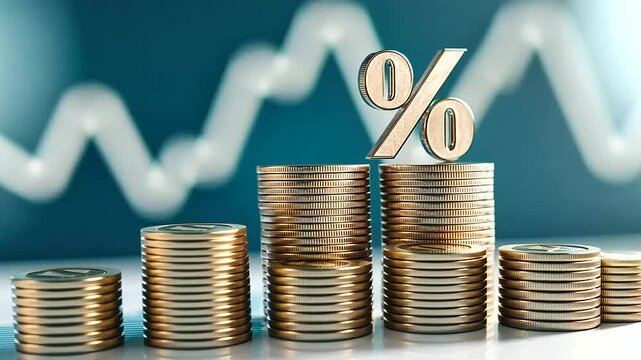 percentage sign sits prominently on top of coin stacks, set against a blue financial graph background, symbolizing investment returns, interest rates, and economic analysis, capturing the dynamics of 