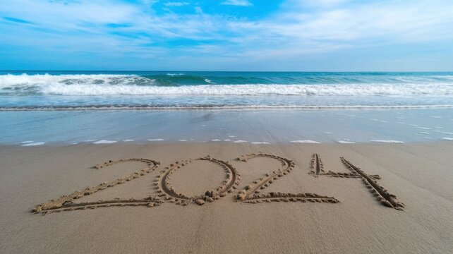 The beach is a beautiful place with a clear blue sky and the ocean 2024 written in the sand