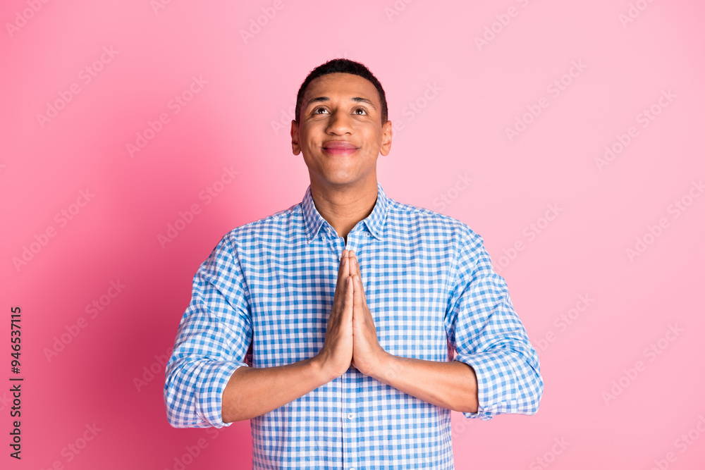 Sticker Photo of funky dream guy dressed checkered shirt enjoying yoga looking up emtpy space isolated pink color background