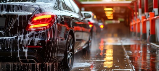 Fototapeta premium Detailed view of a black car being cleaned with soap suds in an automated car wash system