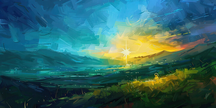 An abstract landscape painting with subtle hints of the Star of Bethlehem, guiding the viewer's eye towards the nativity story.