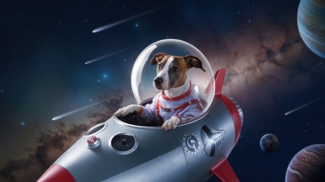 A dog is wearing a space suit and is looking up at the stars