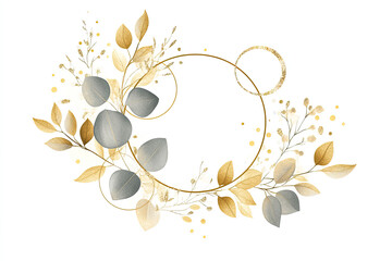 Luxurious botanical gold wedding frame elements on a white background, featuring circle shapes, glitters, eucalyptus leaves, and leaf branches. Perfect for weddings, cards, invitations, and greetings.