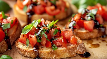 A close up of Italian bruschetta with fresh tomatoes, basil, garlic, and a drizzle of balsamic vinegar on crispy toasted bread