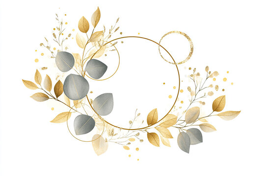 Luxurious botanical gold wedding frame elements on a white background, featuring circle shapes, glitters, eucalyptus leaves, and leaf branches. Perfect for weddings, cards, invitations, and greetings.