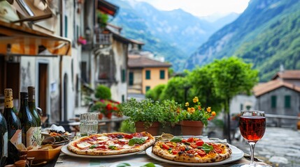 Fototapeta premium A picturesque Italian village with outdoor dining at a trattoria, featuring dishes like wood-fired pizza, bruschetta, and roasted vegetables