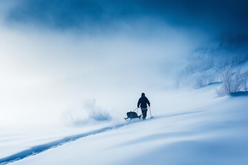 A lone figure navigates through fog-covered snow in a frozen landscape during the early morning hours