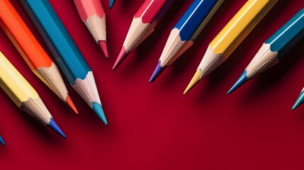 An array of vibrant pencils in various hues rests upon a crimson backdrop. Captured from an elevated perspective, this image offers a striking arrangement of colors that dance across the canvas. 