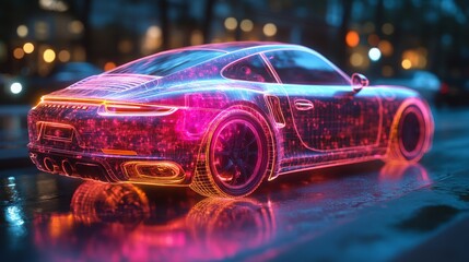 A holographic display showcases vehicle maintenance procedures above a sleek car, with shimmering lights illuminating the rainy urban backdrop.