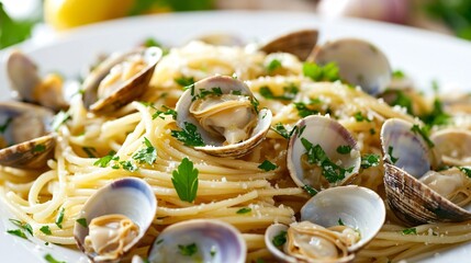 A traditional Italian seafood feast featuring a platter of linguine alle vongole (linguine with clams), garnished with fresh parsley and garlic