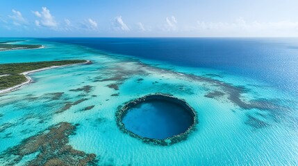 Obraz premium Aerial view of the blue hole on a beautiful coral reef in Great Exuma, an isolated circular structure that appears to be reaching out into deep water. The vast ocean is seen around it, with clear skie