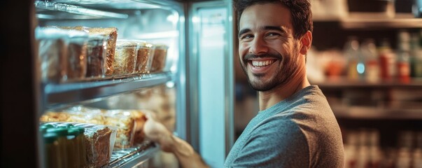 Man smiling while choosing food from a refrigerator packed with neatly arranged sandwiches and bottled drinks
