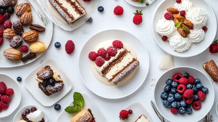 An artistic flat lay of Italian desserts, including tiramisu, cannoli, and panna cotta, arranged on elegant porcelain plates with fresh berries