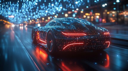 Advanced holographic projections illustrate vehicle performance metrics amidst a vibrant, illuminated urban setting at night.
