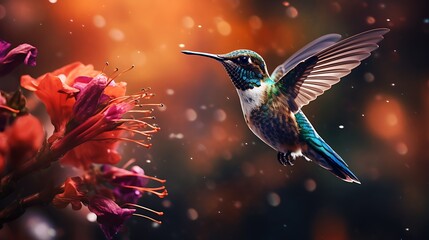 Fototapeta premium An enchanting image capturing a hummingbird in the midst of feeding, showcasing the swift movement and vibrant colors with exceptional clarity in