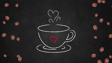 cup of coffee with heart on black board, coffee beans and hot drink, coffee shop and cafe wallpaper