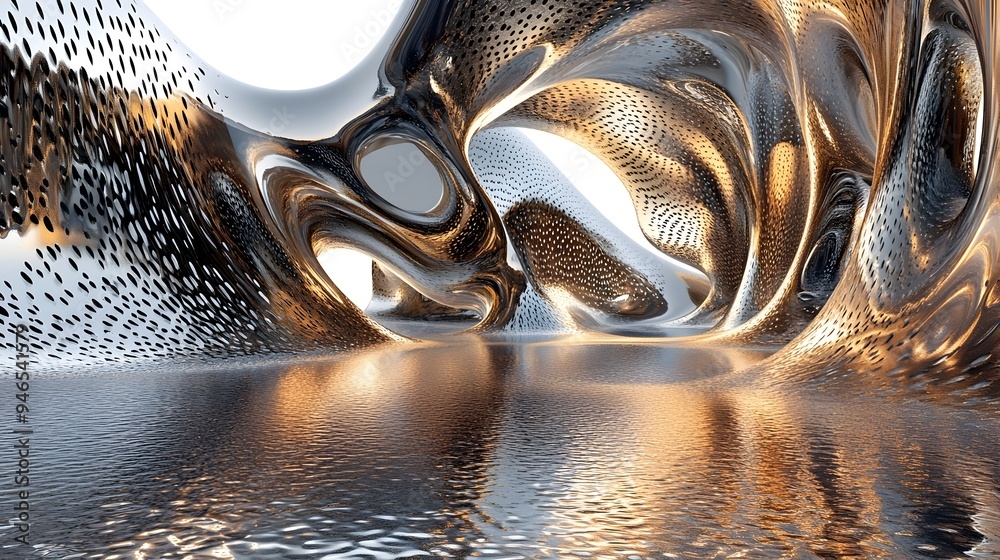 Poster a conceptual image showcasing a reflection on a metallic surface with abstract geometric shapes patt