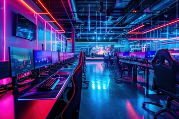 Neon-lit gaming center with rows of high-end computers