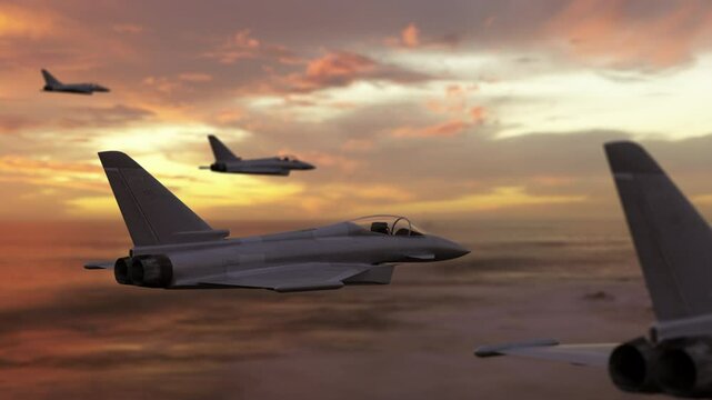 Fighter jets fly in the sky. Close up on military jets flying above the clouds during sunset.