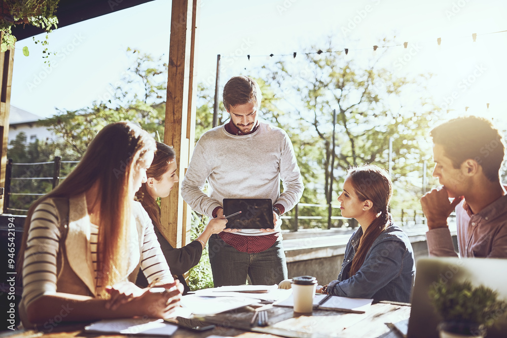 Canvas Prints Group, business people and presentation at cafe with tablet for discussion or remote work ideas on screen. Tech, team and meeting at restaurant for planning or learning with creative campaign manager