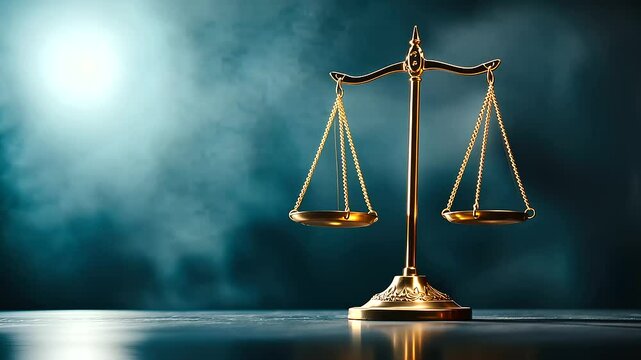 brass scale highlighted by contrasting yellow and blue lights on a dark black background, evoking themes of justice and equilibrium, with the vibrant lighting adding depth and visual interest