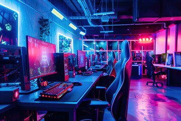 Neon-lit esports gaming hub with high-tech computers