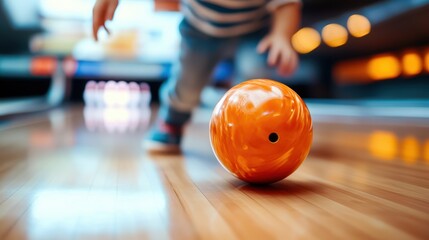 A child in motion, seen from behind, is rolling an orange bowling ball on a polished wooden lane at a bowling alley setting, embodying the joy and excitement of the game.