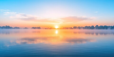 Serene sunrise over calm lake with reflections