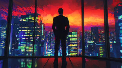 Fototapeta premium Sexy Anime Businessman in Futuristic High-Rise Building with Synthwave Aesthetics