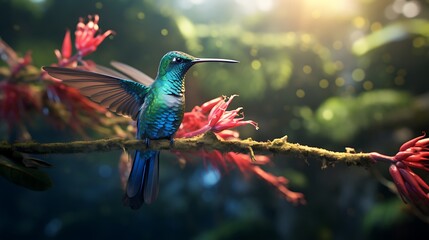 Obraz premium An enchanting view of a hummingbird perched on a branch, emphasizing the elegance of its plumage and natural surroundings in