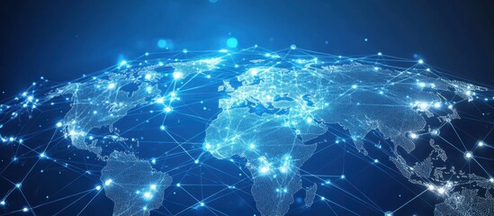A blue gradient background with white dots representing global connections, forming the outline of an Earth map The design includes interconnected lines and circles to represent data Generative AI