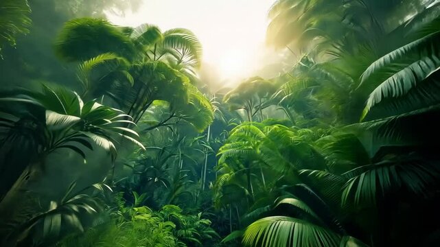 into the tropical rainforest with lush vegetation and misty air