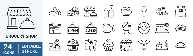 Grocery shop line web icons. Grocery types icon set, store, super market, mart, flea market.