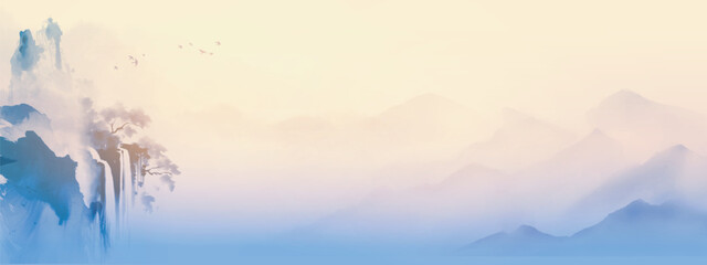 Serene landscape with misty mountains, flowing waterfall, and birds flying with sunrise background. Traditional oriental ink painting sumi-e, u-sin, go-hua