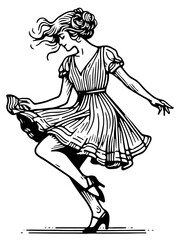 Woman dancing in a flowing dress, black and white illustration. Vector, generative ai.