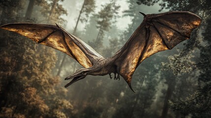 Fototapeta premium Pterodactyl Soaring Through the Misty Forest