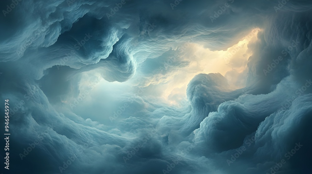Poster a conceptual image of ethereal swirling clouds creating abstract shapes and forms with beams of ligh